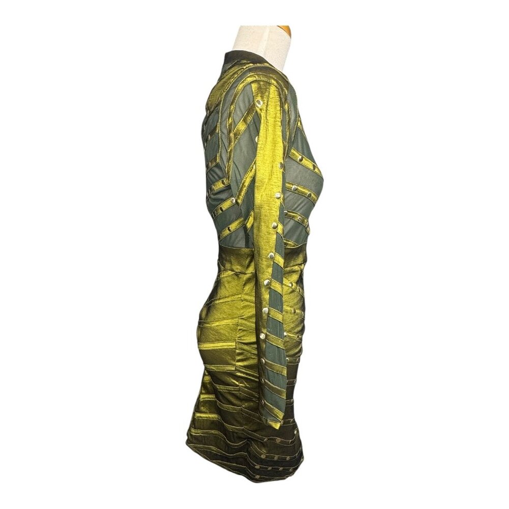 Studded Mesh Bandage Sexy Metallic Green Bodycon Mini Dress - Picture 10 of 10